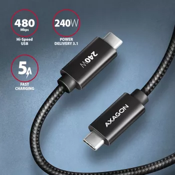 Axagon BUCM2-CM25AB Daten- und Ladekabel USB 480Mbps 2,5 m. PD 240W, 5A. Schwarz geflochten