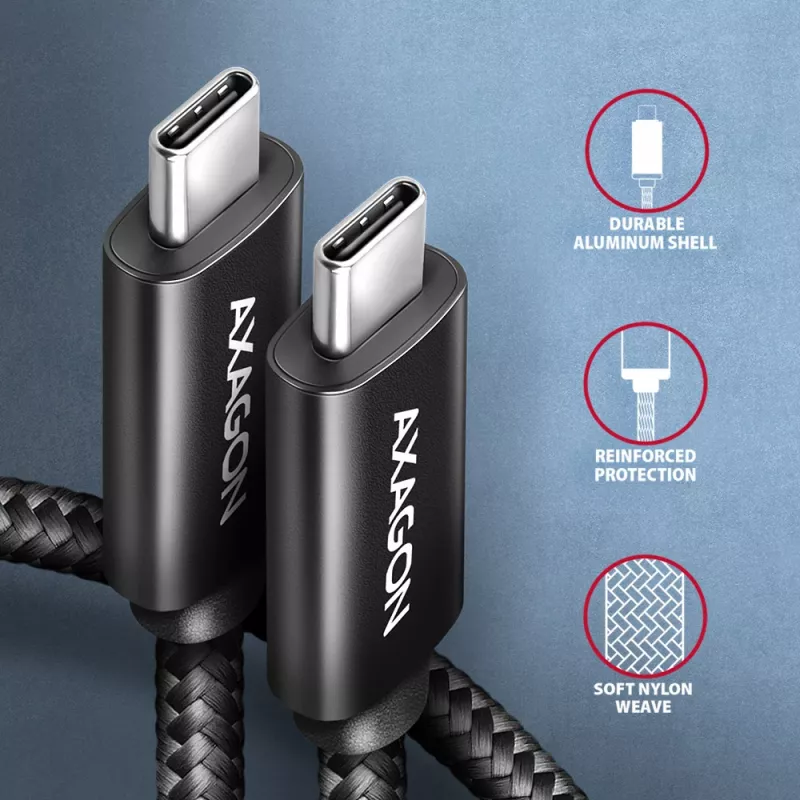 Axagon BUCM2-CM25AB Daten- und Ladekabel USB 480Mbps 2,5 m. PD 240W, 5A. Schwarz geflochten