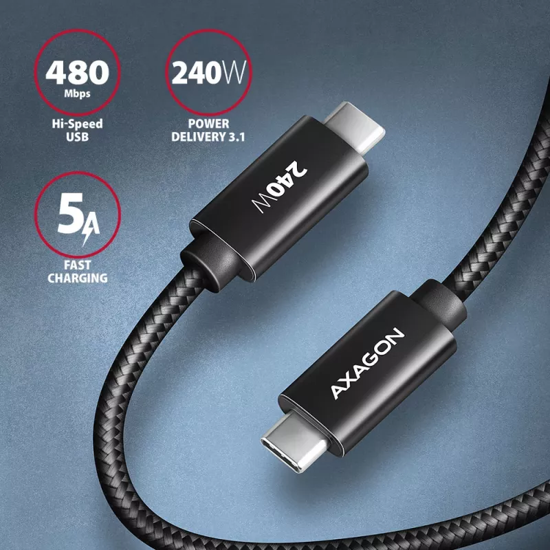 Axagon BUCM2-CM30AB Daten- und Ladekabel USB 480Mbps 3 m. PD 240W, 5A. Schwarz geflochten