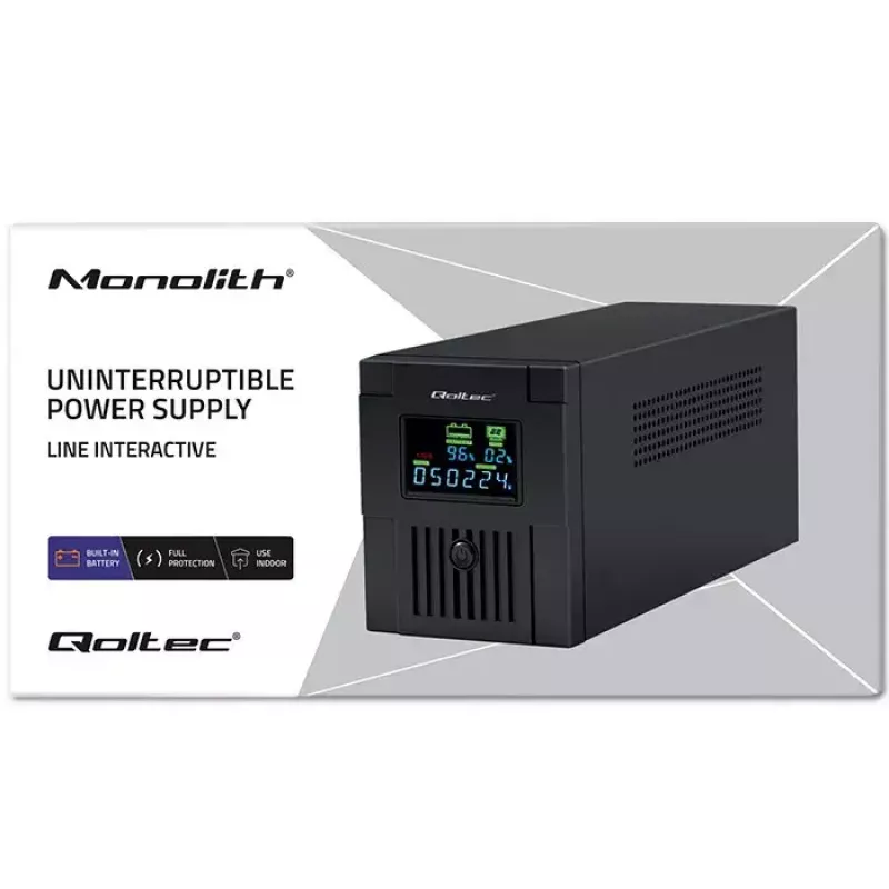 Unterbrechungsfreie Stromversorgung QOLTEC 53770, Line-Interactive USV 1,5 kVA (900 W), 2 C13-Ausgänge, AVR, LCD, USB Typ-B