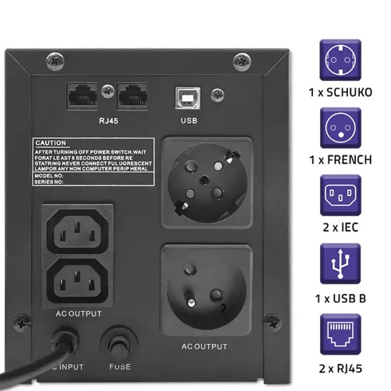Unterbrechungsfreie Stromversorgung QOLTEC 53770, Line-Interactive USV 1,5 kVA (900 W), 2 C13-Ausgänge, AVR, LCD, USB Typ-B