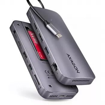 Axagon HMC-12GM2, USB 10Gbps Hub, 3x USB-A, USB-C, HDMI, DP, RJ-45, M.2, SD/mSD, Audio, PD