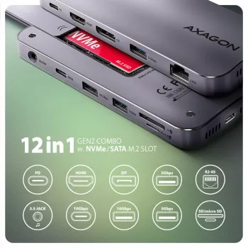 Axagon HMC-12GM2, USB 10Gbps Hub, 3x USB-A, USB-C, HDMI, DP, RJ-45, M.2, SD/mSD, Audio, PD