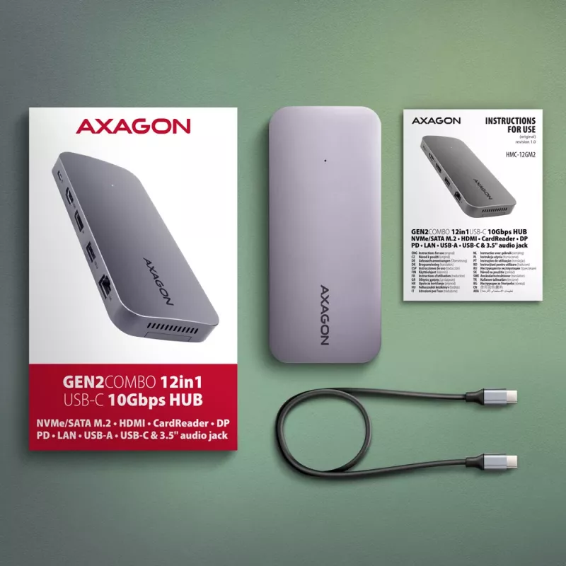 Axagon HMC-12GM2, USB 10Gbps Hub, 3x USB-A, USB-C, HDMI, DP, RJ-45, M.2, SD/mSD, Audio, PD