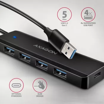 Axagon HUE-C1A 4x USB 5Gbps TRAVEL-Hub, USB-C Power-Eingang, 19 cm USB-A-Kabel