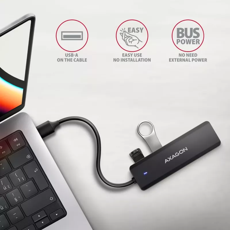 Axagon HUE-C1A 4x USB 5Gbps TRAVEL-Hub, USB-C Power-Eingang, 19 cm USB-A-Kabel