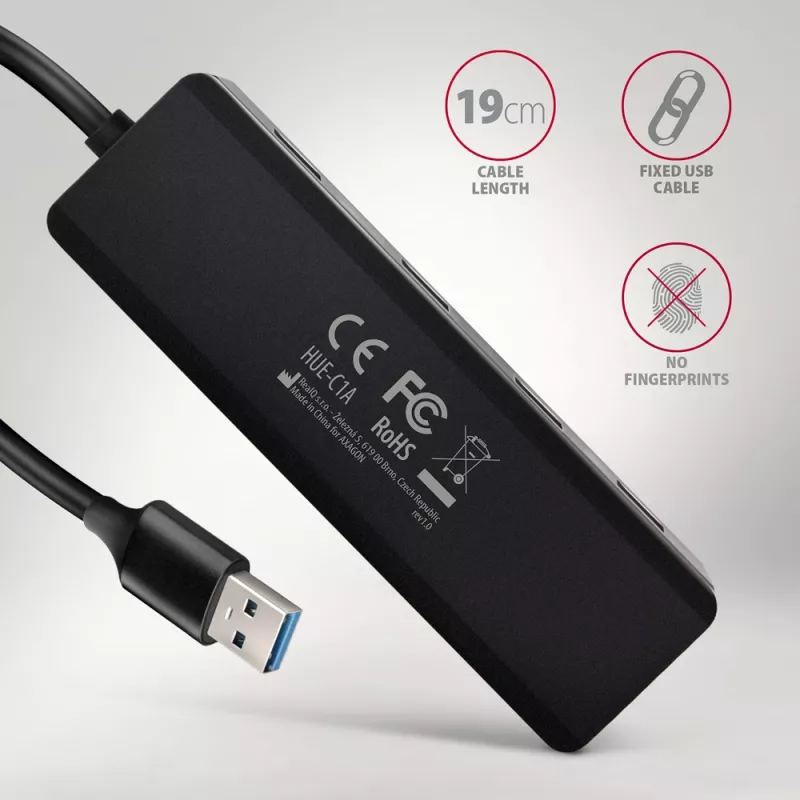 Axagon HUE-C1A 4x USB 5Gbps TRAVEL-Hub, USB-C Power-Eingang, 19 cm USB-A-Kabel