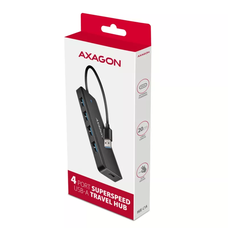 Axagon HUE-C1A 4x USB 5Gbps TRAVEL-Hub, USB-C Power-Eingang, 19 cm USB-A-Kabel