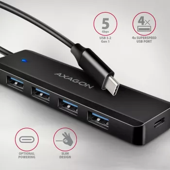 Axagon HUE-C1C 4x USB 5Gbps TRAVEL Hub, USB-C Power IN, 19 cm USB-C Kabel