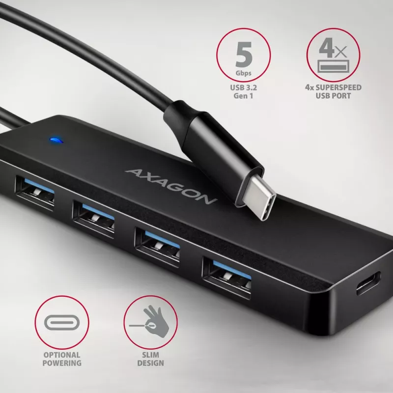 Axagon HUE-C1C 4x USB 5Gbps TRAVEL Hub, USB-C Power IN, 19 cm USB-C Kabel