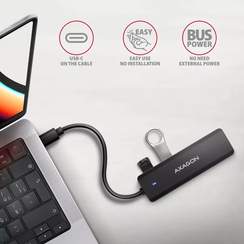 Axagon HUE-C1C 4x USB 5Gbps TRAVEL Hub, USB-C Power IN, 19 cm USB-C Kabel