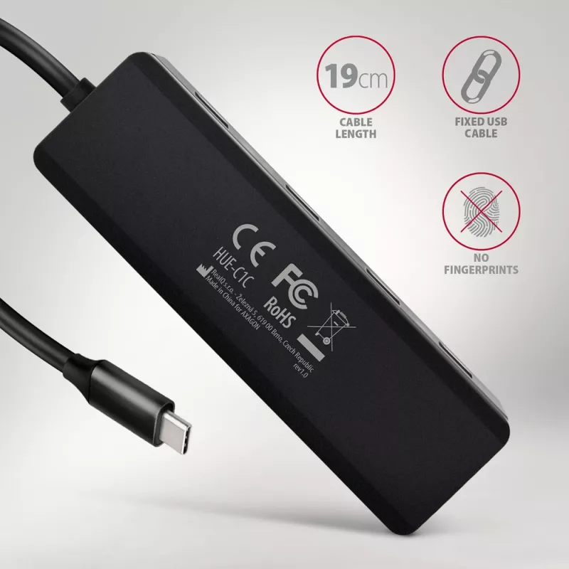 Axagon HUE-C1C 4x USB 5Gbps TRAVEL Hub, USB-C Power IN, 19 cm USB-C Kabel