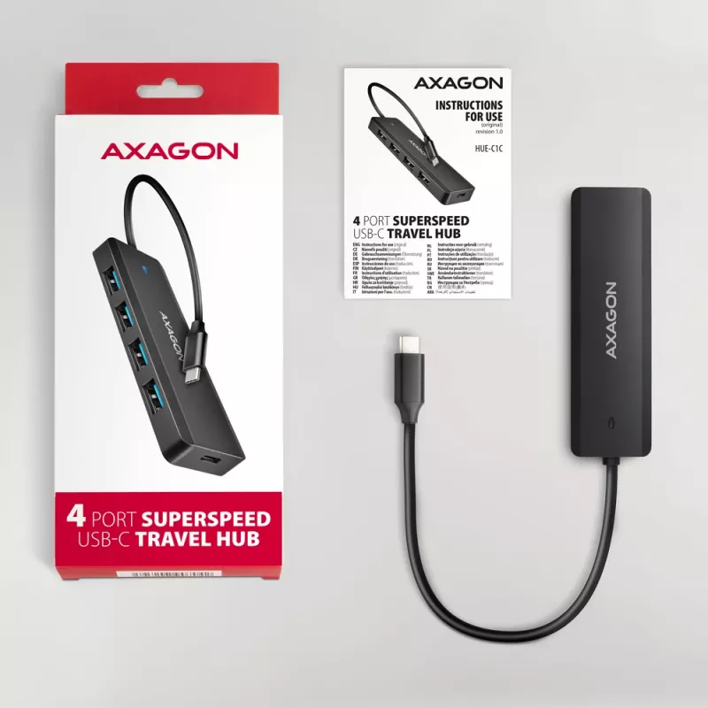 Axagon HUE-C1C 4x USB 5Gbps TRAVEL Hub, USB-C Power IN, 19 cm USB-C Kabel