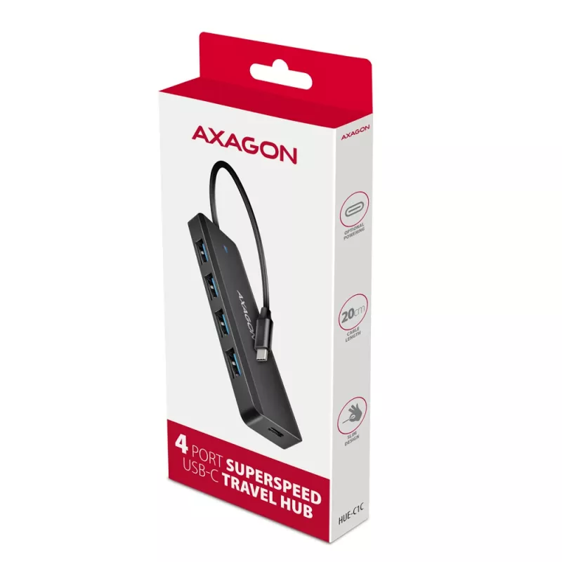 Axagon HUE-C1C 4x USB 5Gbps TRAVEL Hub, USB-C Power IN, 19 cm USB-C Kabel