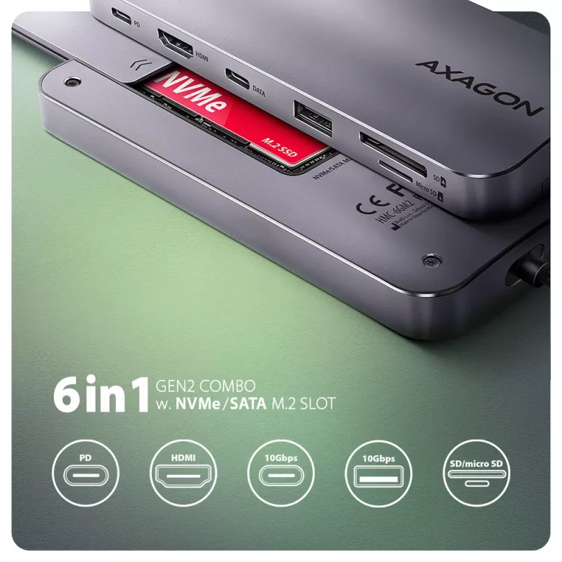 Axagon HMC-6GM2 USB 10Gbps Hub USB-A USB-C HDMI M.2 SD/mSD PD 100W USB-C Kabelgebunden USB 3.2 Gen 2 (3.1 Gen 2) Type-C Grau