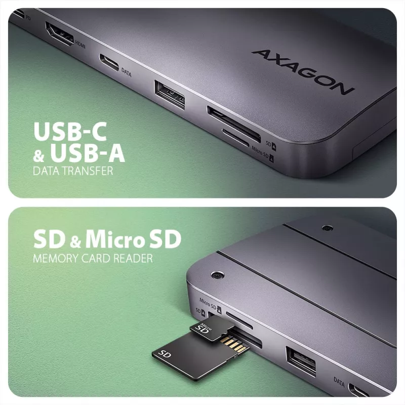 Axagon HMC-6GM2 USB 10Gbps Hub USB-A USB-C HDMI M.2 SD/mSD PD 100W USB-C Kabelgebunden USB 3.2 Gen 2 (3.1 Gen 2) Type-C Grau