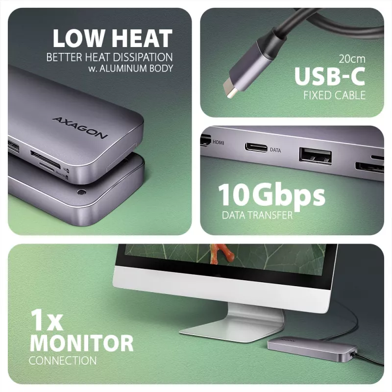 Axagon HMC-6GM2 USB 10Gbps Hub USB-A USB-C HDMI M.2 SD/mSD PD 100W USB-C Kabelgebunden USB 3.2 Gen 2 (3.1 Gen 2) Type-C Grau