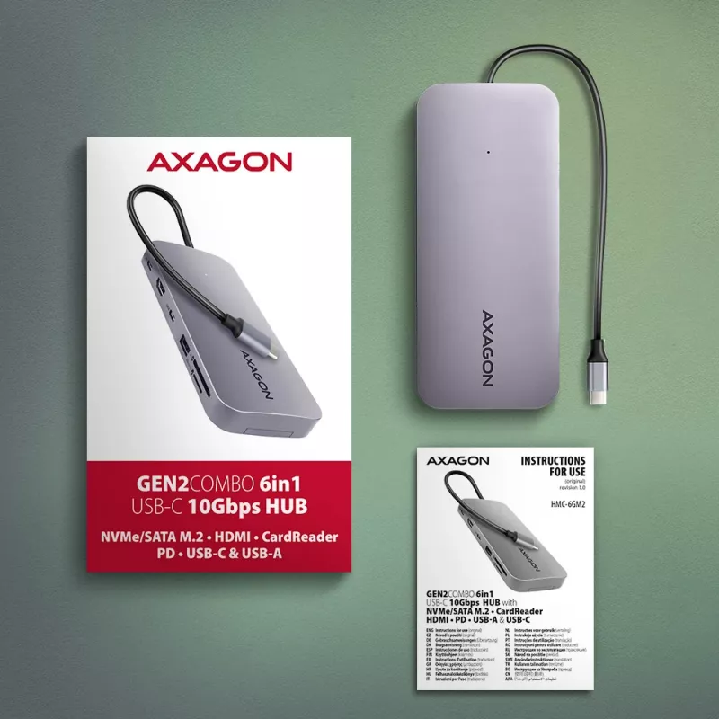 Axagon HMC-6GM2 USB 10Gbps Hub USB-A USB-C HDMI M.2 SD/mSD PD 100W USB-C Kabelgebunden USB 3.2 Gen 2 (3.1 Gen 2) Type-C Grau