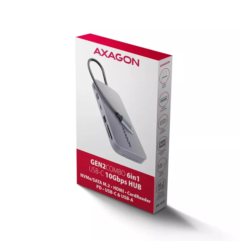 Axagon HMC-6GM2 USB 10Gbps Hub USB-A USB-C HDMI M.2 SD/mSD PD 100W USB-C Kabelgebunden USB 3.2 Gen 2 (3.1 Gen 2) Type-C Grau