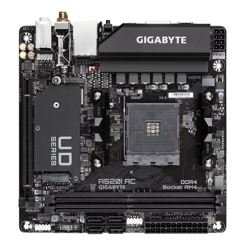GIGABYTE A520I AC Mainboard - Unterstützt AMD Ryzen 5000 Series AM4 CPUs, 6 Phasen Digital VRM, bis zu 5300MHz DDR4 (OC), 1xPCIe 3.0 M.2, WLAN, GbE LAN, USB 3.2 Gen1