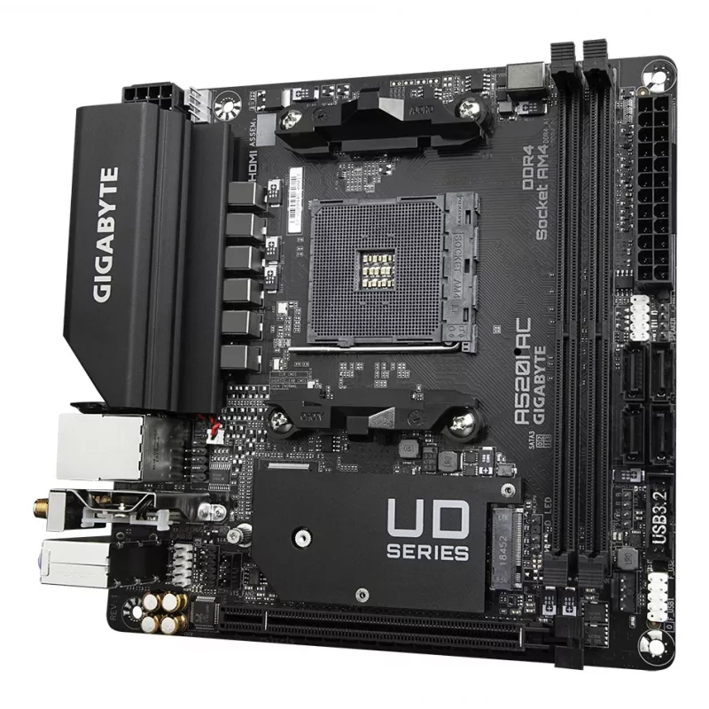 GIGABYTE A520I AC Mainboard - Unterstützt AMD Ryzen 5000 Series AM4 CPUs, 6 Phasen Digital VRM, bis zu 5300MHz DDR4 (OC), 1xPCIe 3.0 M.2, WLAN, GbE LAN, USB 3.2 Gen1