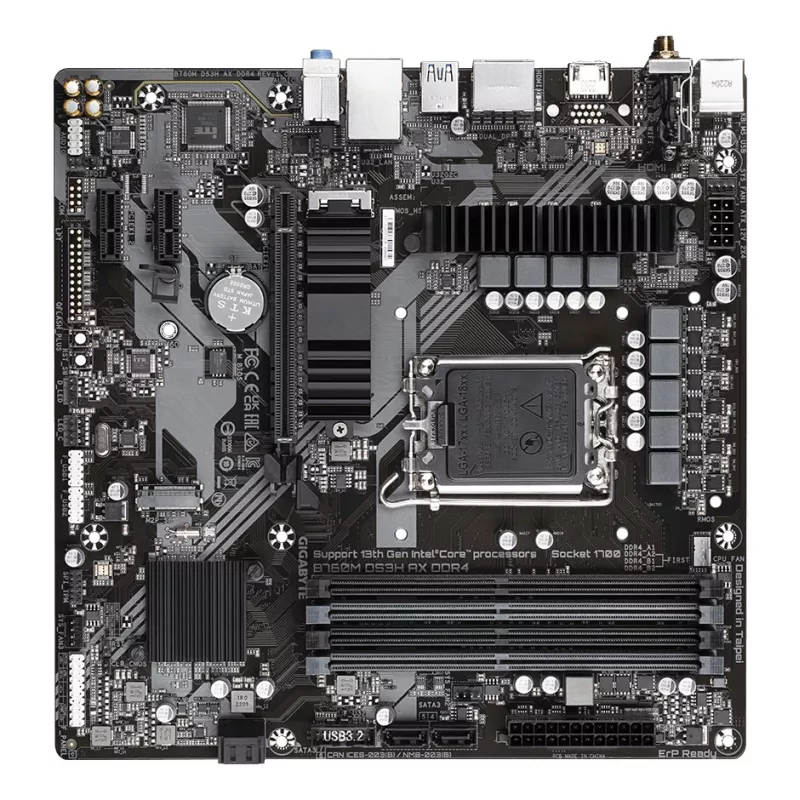 GIGABYTE B760M DS3H AX DDR4 Mainboard - Unterstützt Intel Core 14. Gen CPUs, 6+2+1 Phasen digitaler VRM, bis zu 5333 MHz DDR4 (OC), 2xPCIe 4.0 M.2, Wi-Fi 6E, 2,5 GbE LAN, USB 3.2 Gen2