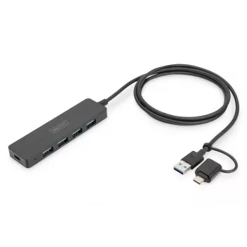 DIGITUS USB 3.0 Hub 4-Port Slimline with USB-C Adapter 5Gbps 1m Kabel