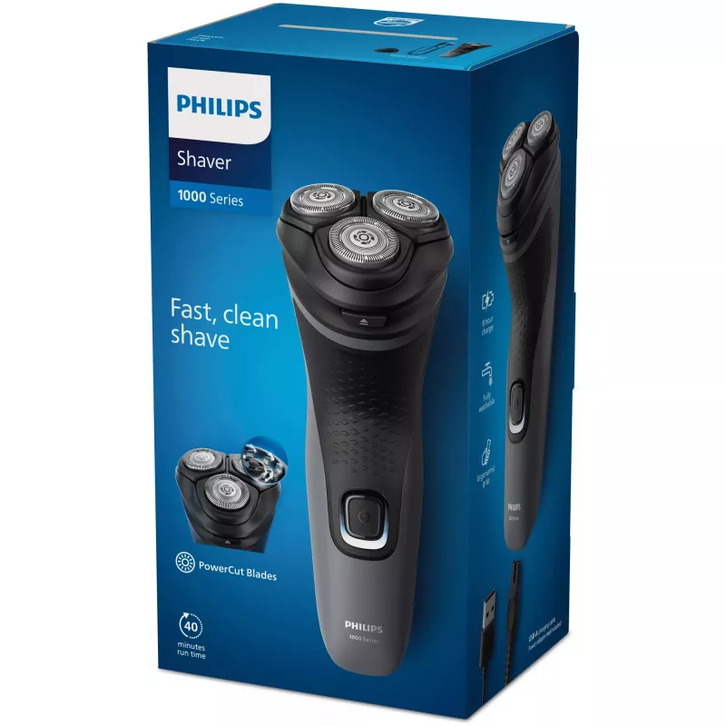 Philips Shaver 1000 Series S1142/00 Elektrorasierer, Rotationsrasierer, Schwarz, Grau, PowerCut-Klingensystem, SH30, 2 Jahr(e), Batterie