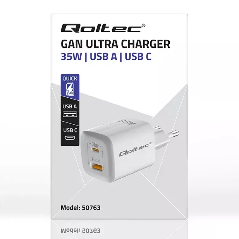 QOLTEC Charger 50763 — Indoor AC Fast Charger 35W, USB-C PD 3.0 + USB-A, 5–20V, White