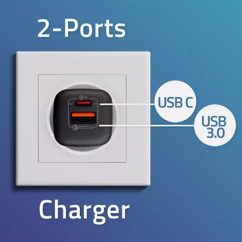 QOLTEC 50764 Innenraum-AC-Schnellladegerät USB-C 35W PD 3.0 + USB-A, 5–20V, Typ-C-Eurostecker