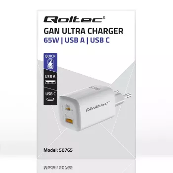 Qoltec 50765 GaN ULTRA 65-W-Ladegerät, 1× USB-C PD + 1× USB-A QC 3.0, 5–20 V, für 2 Geräte, weiß