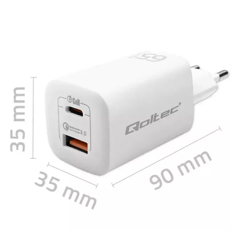 Indoor AC-Schnellladegerät QOLTEC 50765 — 65W USB-C PD 3.0 + USB-A, 5–20V, Typ-C Eurostecker, 2 Geräte