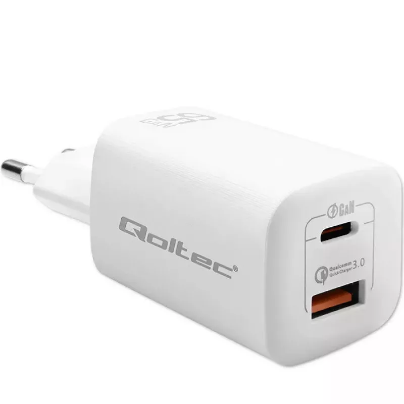 Indoor AC-Schnellladegerät QOLTEC 50765 — 65W USB-C PD 3.0 + USB-A, 5–20V, Typ-C Eurostecker, 2 Geräte