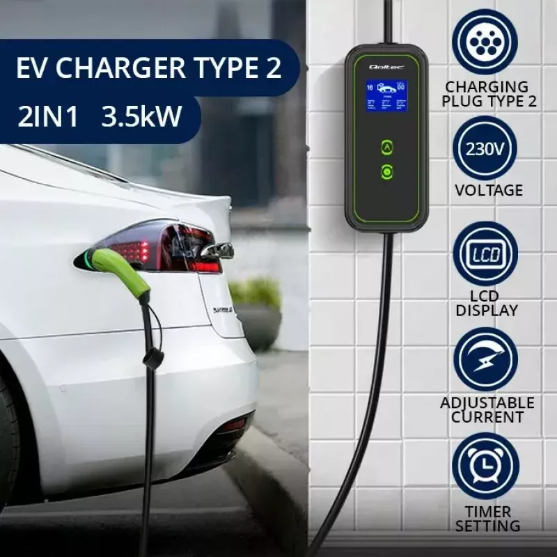 Elektrofahrzeug-Wandladegerät QOLTEC Mobiles Ladegerät 52470 Typ 2 3,5 kW 230 V mit LCD