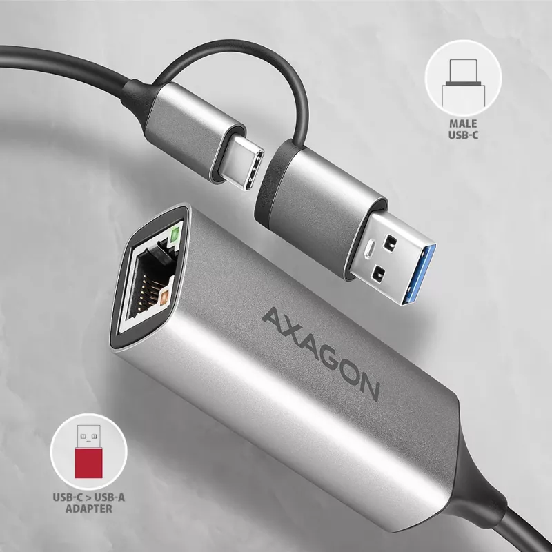 Axagon ADE-TXCA USB-C + USB-A 3.2 Gen 1 - Gigabit Ethernet Adapter, Asix AX88179
