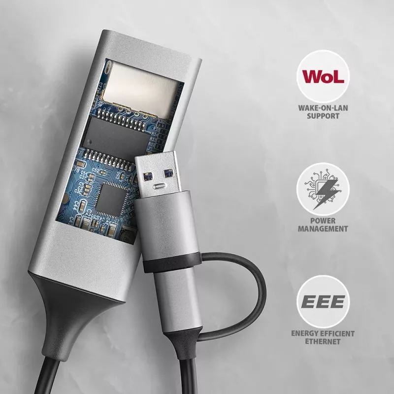 Axagon ADE-TXCA USB-C + USB-A 3.2 Gen 1 - Gigabit Ethernet Adapter, Asix AX88179
