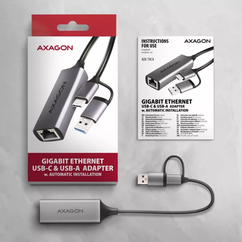 Axagon ADE-TXCA USB-C + USB-A 3.2 Gen 1 - Gigabit Ethernet Adapter, Asix AX88179