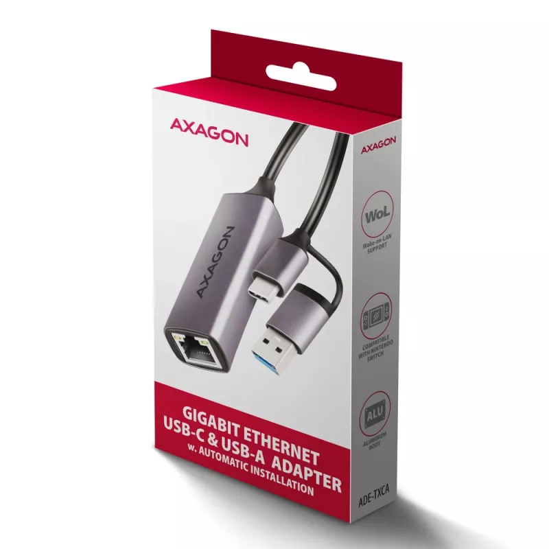 Axagon ADE-TXCA USB-C + USB-A 3.2 Gen 1 - Gigabit Ethernet Adapter, Asix AX88179