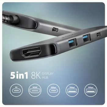 Axagon HMC-5H8K USB 5Gbps Hub 2x USB-A USB-C HDMI 8k/30Hz PD 100W Kabel USB-C Kabelgebunden USB 3.2 Gen 1 (3.1 Gen 1) Typ-C Grau