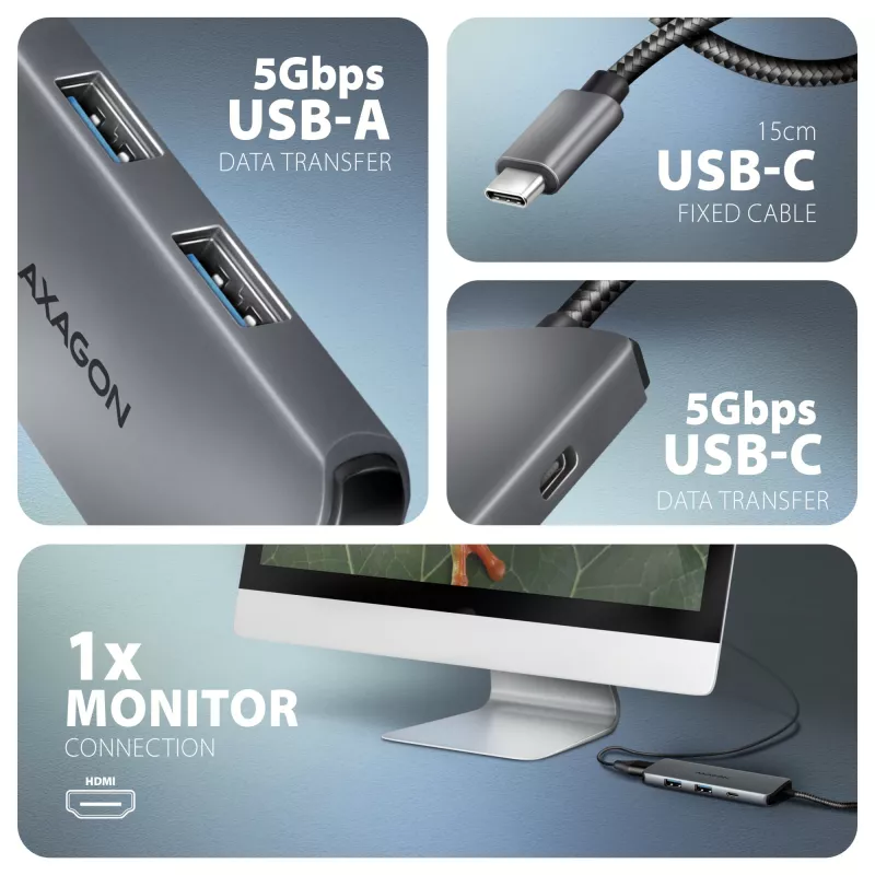 Axagon HMC-5H8K USB 5Gbps Hub 2x USB-A USB-C HDMI 8k/30Hz PD 100W Kabel USB-C Kabelgebunden USB 3.2 Gen 1 (3.1 Gen 1) Typ-C Grau