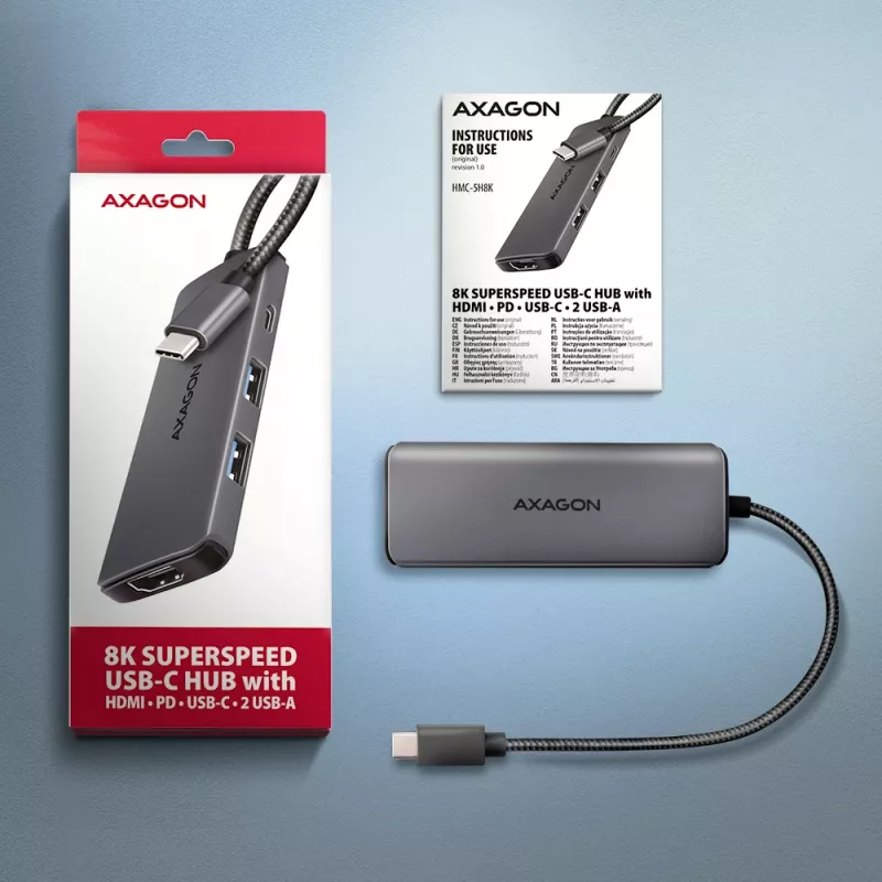 Axagon HMC-5H8K USB 5Gbps Hub 2x USB-A USB-C HDMI 8k/30Hz PD 100W Kabel USB-C Kabelgebunden USB 3.2 Gen 1 (3.1 Gen 1) Typ-C Grau