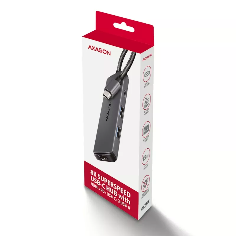 Axagon HMC-5H8K USB 5Gbps Hub 2x USB-A USB-C HDMI 8k/30Hz PD 100W Kabel USB-C Kabelgebunden USB 3.2 Gen 1 (3.1 Gen 1) Typ-C Grau