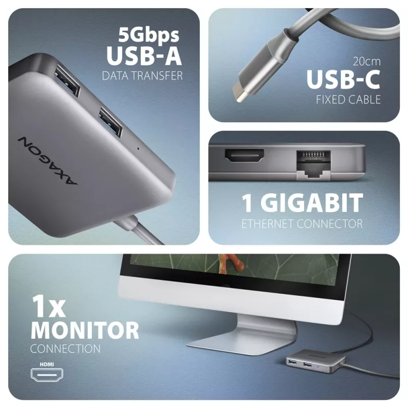 Axagon HMC-5HL USB 5Gbps Hub, 2x USB-A, HDMI 4K/60Hz, RJ-45, PD 100W, 20cm USB-C Kabel