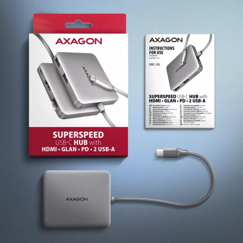 Axagon HMC-5HL USB 5Gbps Hub, 2x USB-A, HDMI 4K/60Hz, RJ-45, PD 100W, 20cm USB-C Kabel