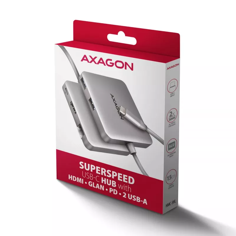 Axagon HMC-5HL USB 5Gbps Hub, 2x USB-A, HDMI 4K/60Hz, RJ-45, PD 100W, 20cm USB-C Kabel