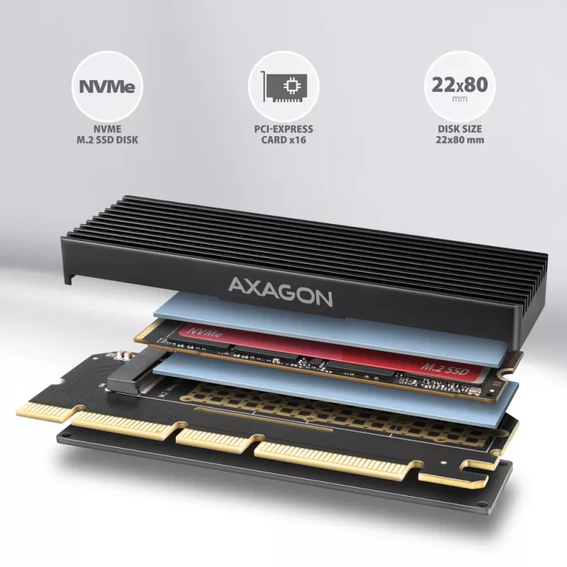 Axagon PCEM2-XS PCIe x16 - M.2 NVMe M-Key-Adapter, mit passivem Alu-Kühlkörper
