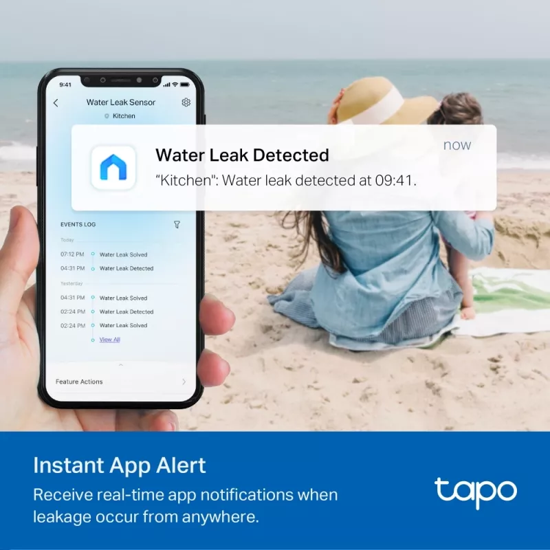 Wasserlecksensor TP-Link Tapo T300 Wi‑Fi, einstellbarer Alarm 90 dB, IP67, Batterie (2×AAA), benötigt Hub