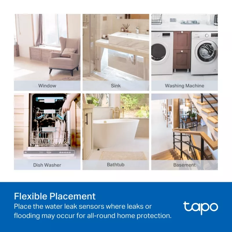 Wasserlecksensor TP-Link Tapo T300 Wi‑Fi, einstellbarer Alarm 90 dB, IP67, Batterie (2×AAA), benötigt Hub