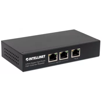 Intellinet 2-Port Gigabit High-Power PoE+ Extender Repeater, IEEE 802.3at/af Power over Ethernet (PoE+/PoE), Metall