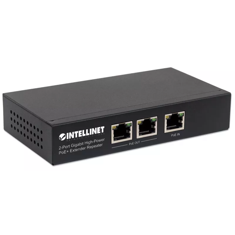 Intellinet 2-Port Gigabit High-Power PoE+ Extender Repeater, IEEE 802.3at/af Power over Ethernet (PoE+/PoE), Metall